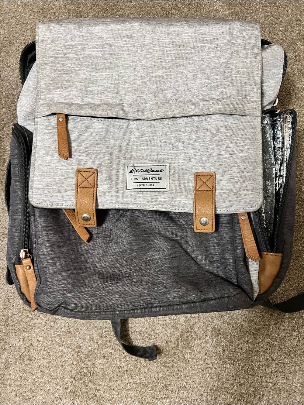 Eddie Bauer Light Gray and Dark Gray Diaper Bag with Brown Trim